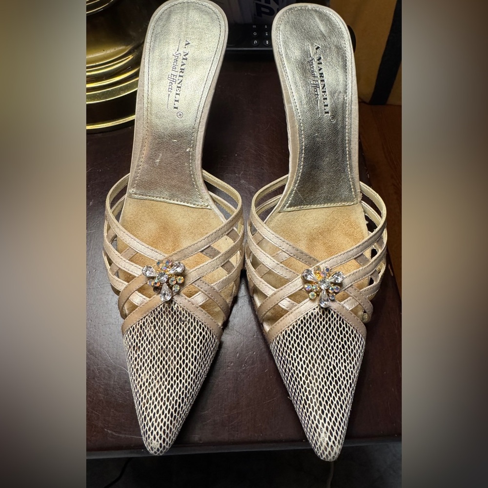 A. Marinelli Gold  Heels with Crystal Detail Size 9.5 M